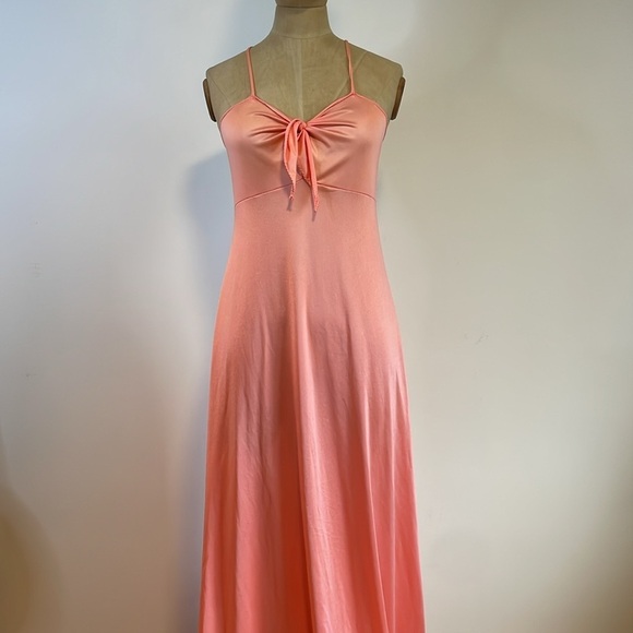 VTG Barad Nightgown Maxi Medium Slip Dress Coral Orange Tie 70s Sweetheart Peach - Picture 1 of 15